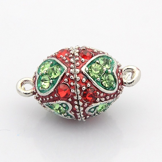 Овальные магнитные застежки из сплава эмали с платиновым напылением и петлями, со стразами классом a , 23x14 мм, отверстие : 2 мм