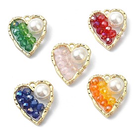 5Pcs 5 Color Glass & Natural Shell Beaded Pendants, with Rack Plating Light Gold Alloy Findings, Heart Charms