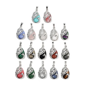 Gemstone Teardrop Pendants, Alloy Peacock Charms, Platinum