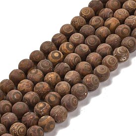 Natural Tibetan 3-Eye dZi Agate Beads Strands, Round, Dyed & Heated, Frosted