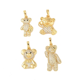 Brass Micro Pave Cubic Zirconia Pendants, Real 18K Gold Plated, Bear