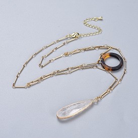 Natural Quartz Crystal Tiered Necklaces, with Cellulose Acetate(Resin) Ring Pendants and Brass Findings