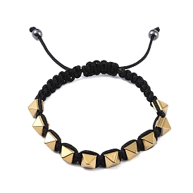 Bracelets de perles tressées en hématite non magnétique synthétique pyramide, bracelets à cordon réglable pour hommes