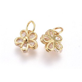 Brass Cubic Zirconia Charms, Long-Lasting Plated, Flower