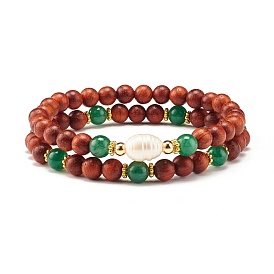 Natural Wood Round Beads Bracelets Set, Natural Green Aventurine & Pearl Beads Bracelet for Women