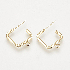 Brass Stud Earring Findings, with Loop, Square, Nickel Free