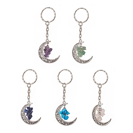 Natural & Synthetic Gemstone Chips Moon & Moon Alloy Pendant Keychain, with Iron Split Key Rings