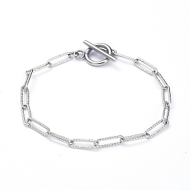 Bracelets à chaîne en forme de trombone texturé en acier inoxydable résistant au ternissement, avec fermoirs toggle, couleur inox, 304 pouce (7-5/8 cm)