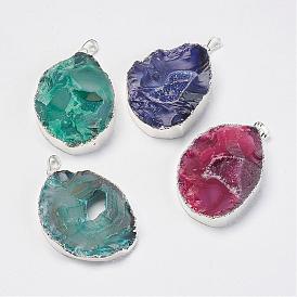 Natural & Dyed Druzy Agate Pendants, with Silver Color Plated Brass Findings, Nuggets