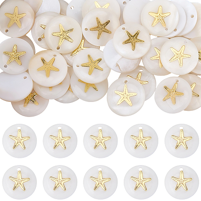 40Подвески из натуральных пресноводных ракушек., плоские круглые подвески с металлическими пластинками ракушки, золотые