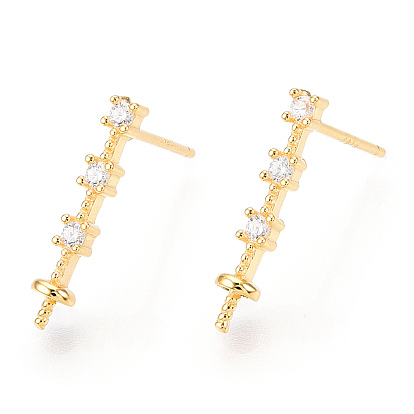 925 Sterling Silver Stud Earring Findings Micro Pave Cubic Zirconia, for Half Drilled Beads, with S925 Stamp, Cuboid