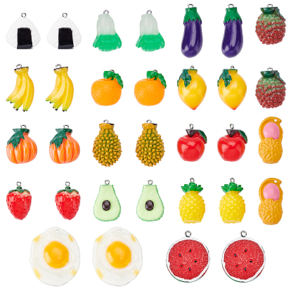 32Pcs 16 Style Resin Pendants, with Platinum Plated Iron Loop, Imitation Food