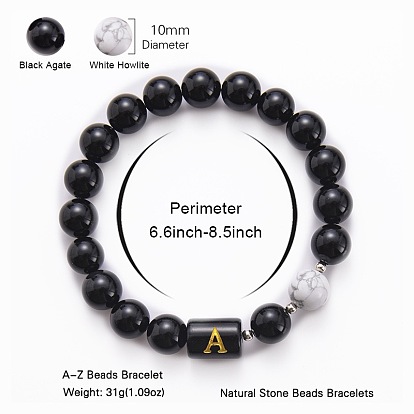 Bracelets extensibles en perles d'onyx noir naturel (teint et chauffé) et d'howlite (mm), bracelets alphabet