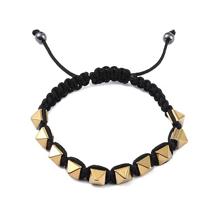 Pyramid Synthetic Non-Magnetic Hematite Braided Bead Bracelets, Adjustable Cord Bracelets for Men