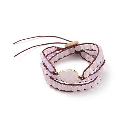 Faceted Glass & Natural Gemstone Beaded Wrap Bracelets, with Cowhide Leather Cord and Burlap, Teardrop