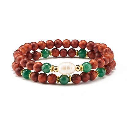 Natural Wood Round Beads Bracelets Set, Natural Green Aventurine & Pearl Beads Bracelet for Women