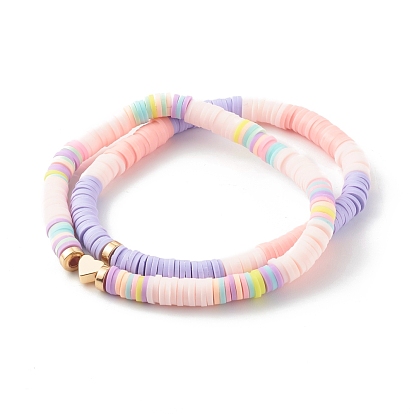Polymer Clay Heishi Beaded Stretch Bracelets Sets, with Non-magnetic Synthetic Hematite Beads and Brass Heart Beads, Golden