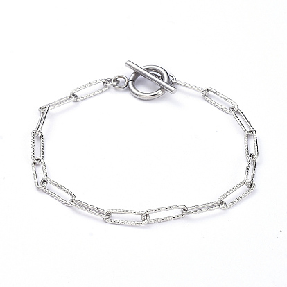Bracelets à chaîne en forme de trombone texturé en acier inoxydable résistant au ternissement, avec fermoirs toggle, couleur inox, 304 pouce (7-5/8 cm)