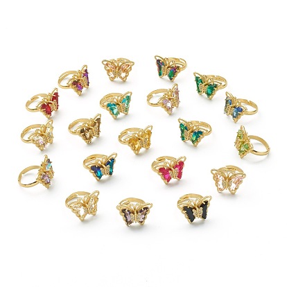 Adjustable Brass Micro Pave Clear Cubic Zirconia Finger Rings, with Glass, Butterfly, Golden