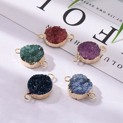 Natural Druzy Agate Flat Round Links Connectors, with Golden Tone Plated Brass Finding