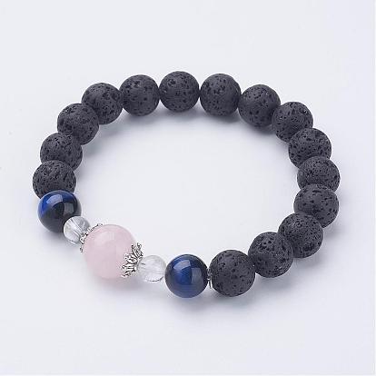 Natural Lava Rock Stretch Bracelets, with Gemstone, Alloy Findings