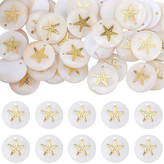 40Подвески из натуральных пресноводных ракушек., плоские круглые подвески с металлическими пластинками ракушки, золотые