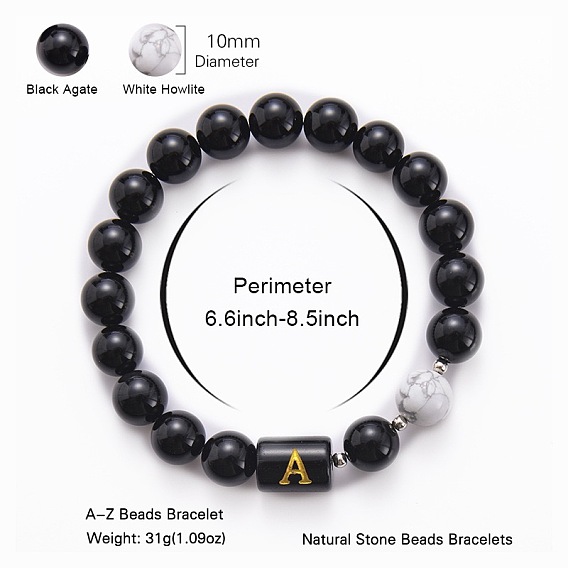 Bracelets extensibles en perles d'onyx noir naturel (teint et chauffé) et d'howlite (mm), bracelets alphabet