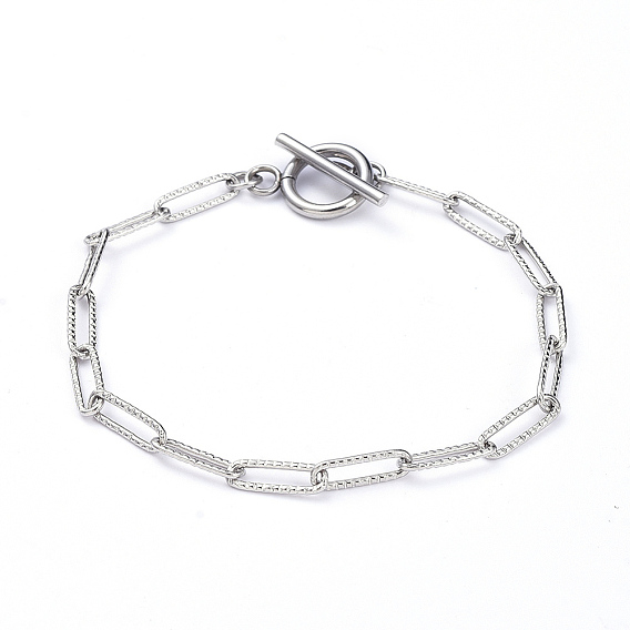 Tarnish Resistant 304 Stainless Steel Textured Paperclip Chain Bracelets, with Toggle Clasps, Stainless Steel Color, 7-5/8 inch(19.5cm)