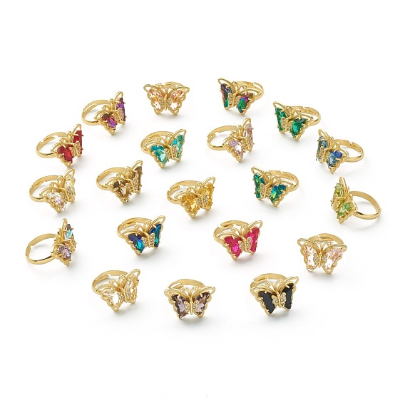 Adjustable Brass Micro Pave Clear Cubic Zirconia Finger Rings, with Glass, Butterfly, Golden