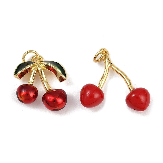 Латунные подвески, с эмалью и кольцом для прыжков, вишневое очарование, стойки покрытие, долговечный, без кадмия и без свинца, реальный 18 k позолоченный