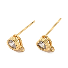 Rack Plating Brass with Cubic Zirconia Heart Stud Earring Findings, Long-Lasting Plated, Cadmium Free & Lead Free