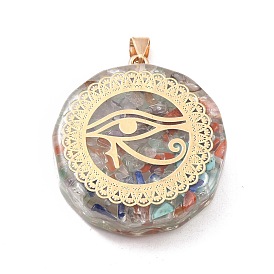 Transparent Resin Pendants, with Chip Gemstone Beads and Alloy Findings, Flat Round