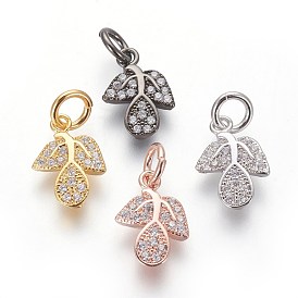 Brass Micro Pave Cubic Zirconia Charms, Lead Free & Cadmium Free, Clear, Leaf