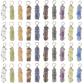 40 pcs 10 styles pendentifs de pierres précieuses mélangées naturelles, Charmes de colonne avec fil de laiton plaqué platine écologique enveloppé