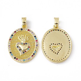 Brass Micro Pave Cubic Zirconia Pendants, Oval with Sacred Heart Charm, Mexican Milagro Flaming Holy Heart Pendant