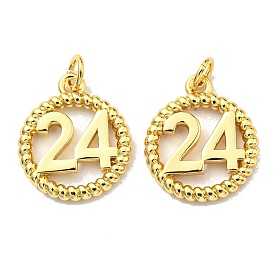Rack Plating Brass Pendants, with Jump Ring, Lead Free & Cadmium Free, Long-Lasting Plated, Flat Round with Number 24 Charm