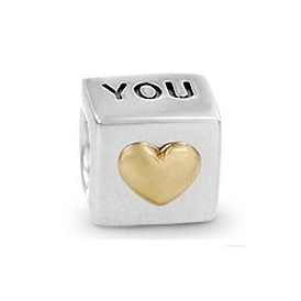 Alloy European Beads, Large Hole Beads, Cube with Word You and Heart