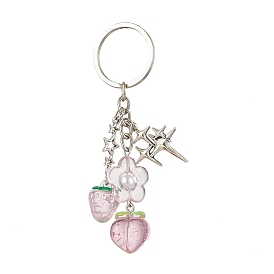 Transparent Resin Acrylic Pendants Keychain, with Iron Key Rings, Strawberry & Flower & Peach