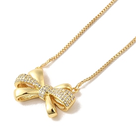 Bowknot Micro Pave Clear Cubic Zirconia Pendant Necklaces, Brass Box Chain Necklaces for Women