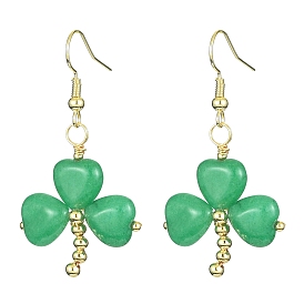 Saint Patrick's Day Clover Natural Malaysia Jade Dangle Earrings, Brass Earrings