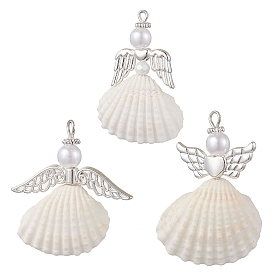 3Pcs 3 Styles Natural Shell Angel Pendants, Guardian Angel Charms with Silvr Color Alloy Wings