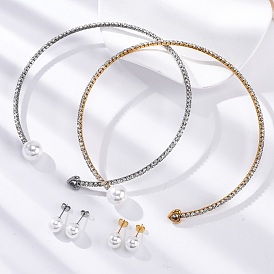 Круглые пластиковые серьги-гвоздики с имитацией жемчуга и колье-чокер с сердечками из кубического циркония и стразами, 304 комплект украшений из нержавеющей стали для женщин