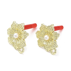 Rack Plating Alloy Flower Stud Earrings Finding, with ABS Imitation Pearl & Horizontal Loops & and 304 Stainless Steel Pin, Cadmium Free & Nickel Free & Lead Free