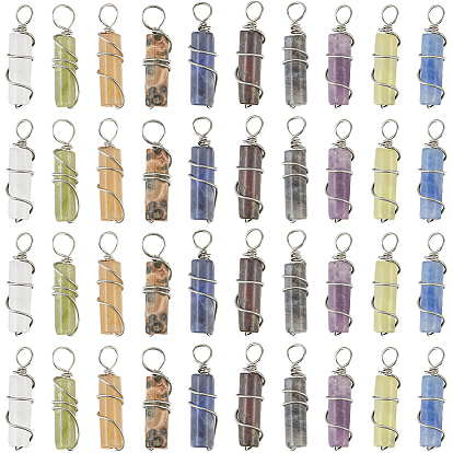 40 pcs 10 styles pendentifs de pierres précieuses mélangées naturelles, Charmes de colonne avec fil de laiton plaqué platine écologique enveloppé