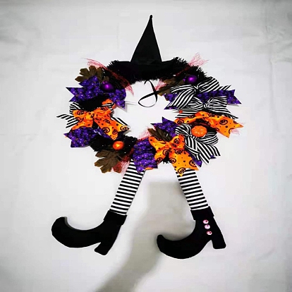 Halloween Cloth Witch Leg Wreath Decorations, Ribbon Bowknot Wreath, for Front Door Indoor Window Wall Decor