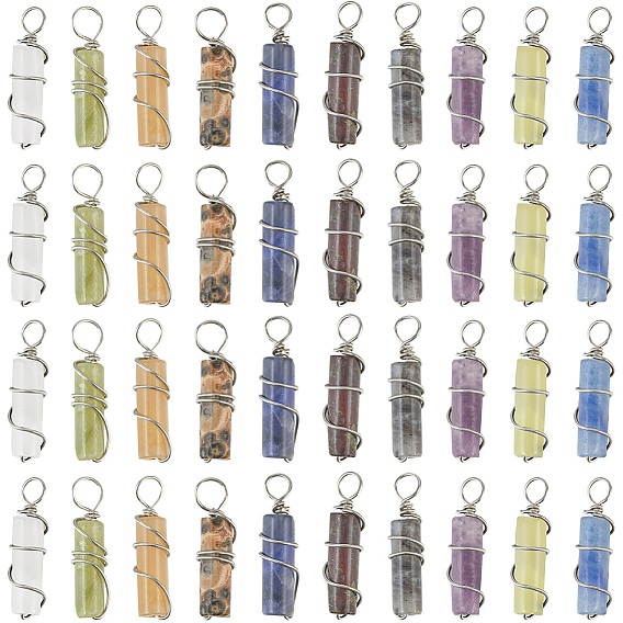 40Pcs 10 Styles Natural Mixed Gemstone Pendants, Column Charms with Eco-Friendly Platinum Plated Brass Wire Wrapped