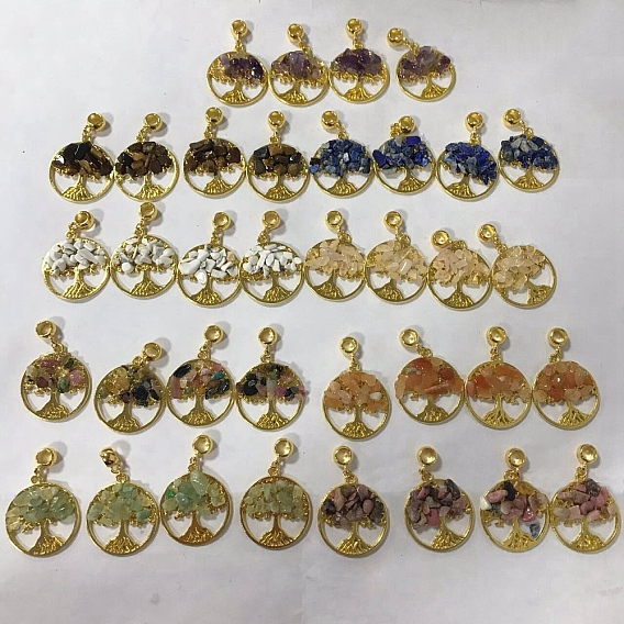 36Pcs 9 Styles Natural Mixed Gemstone Chip European Dangle Charms, Golden Tone Alloy Tree of Life Large Hole Pendant