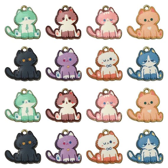 16 шт 8 стили подвески из сплава эмали, золотой свет, кошачье очарование