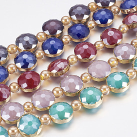 Opaque Glass Beads Strands, with Brass Findings, Pearl Luster Plated, Faceted, Flat Round