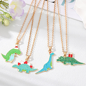 Cute Dinosaur Necklace with Christmas Hat Pendant, Sparkly Charm Jewelry